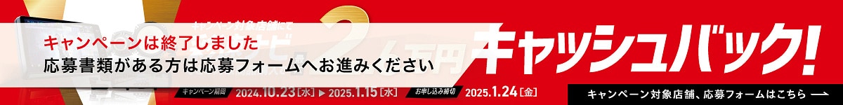 キャンペーン対象店舗にて彩速ナビなどの対象商品購入で最大2.6万円キャッシュバック！　（キャンペーンは終了しました。お申し込み締切：2025年1月24日（金））